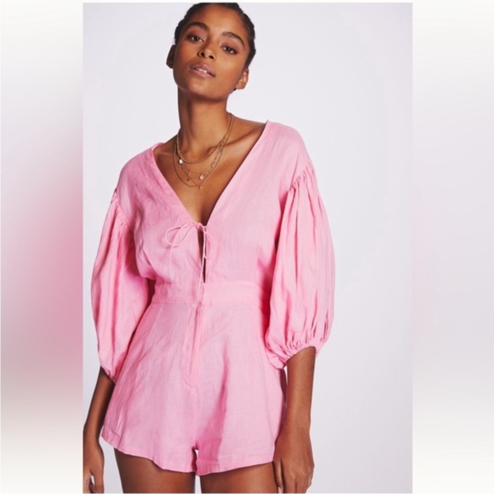 Anthropologie S/WF Romper Puff Sleeve Linen in Pink